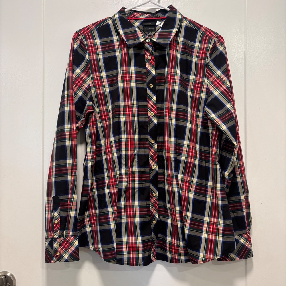Talbots Non-Iron Plaid Button Down Shirt Metallic Gold Thread Tartan Size 10